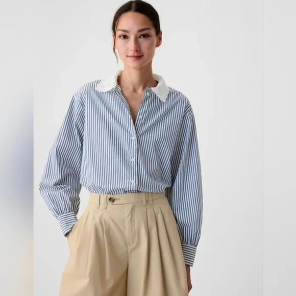 Doen X Gap Cotton Striped Blue Button Down Eyelet Lace Collar Shirt Size Medium - Picture 2 of 11